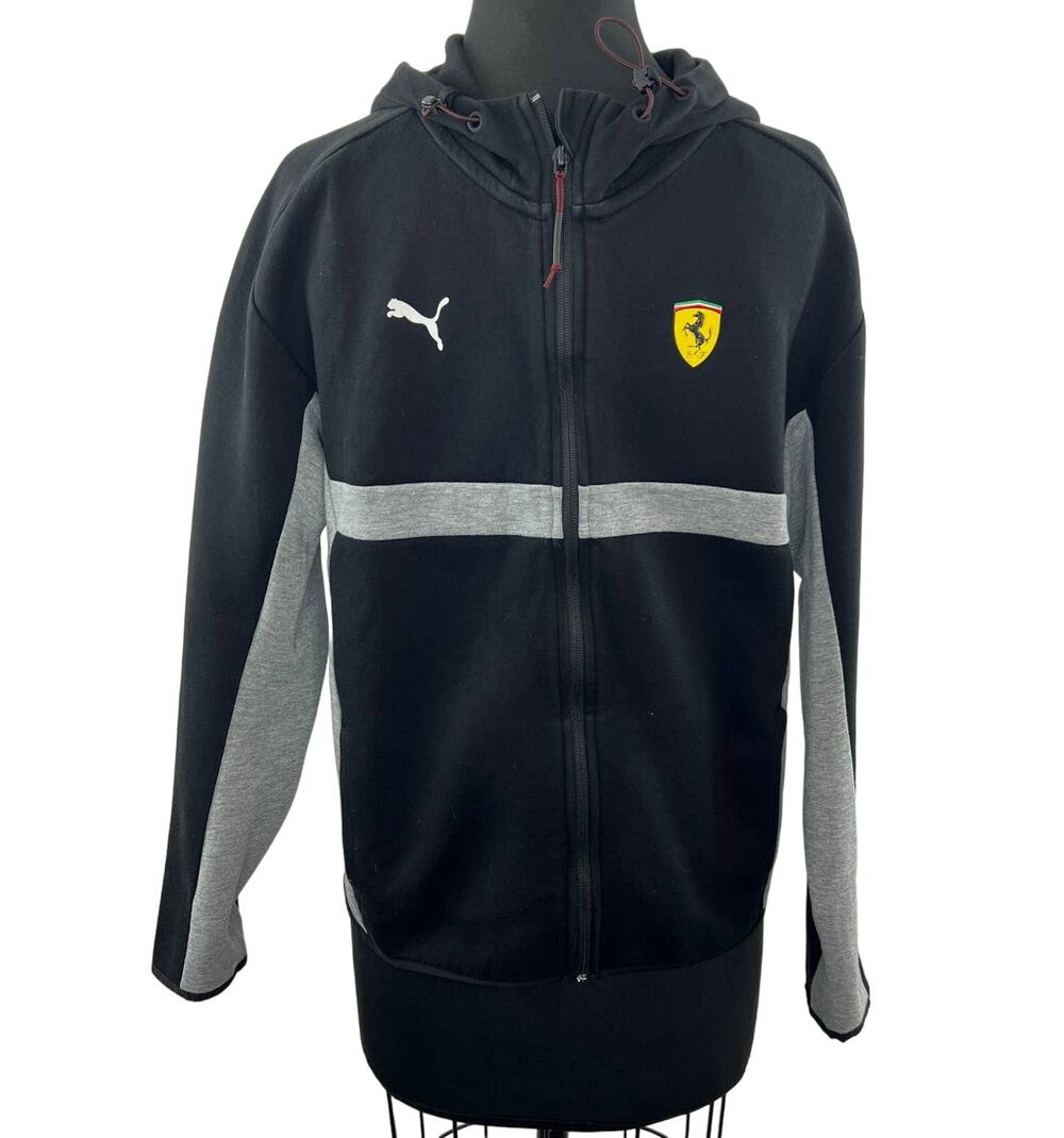 Ferrari PUMA Mens Black Gray Front Zip Long Sleeve Hooded Jacket w/ Pockets Sz S